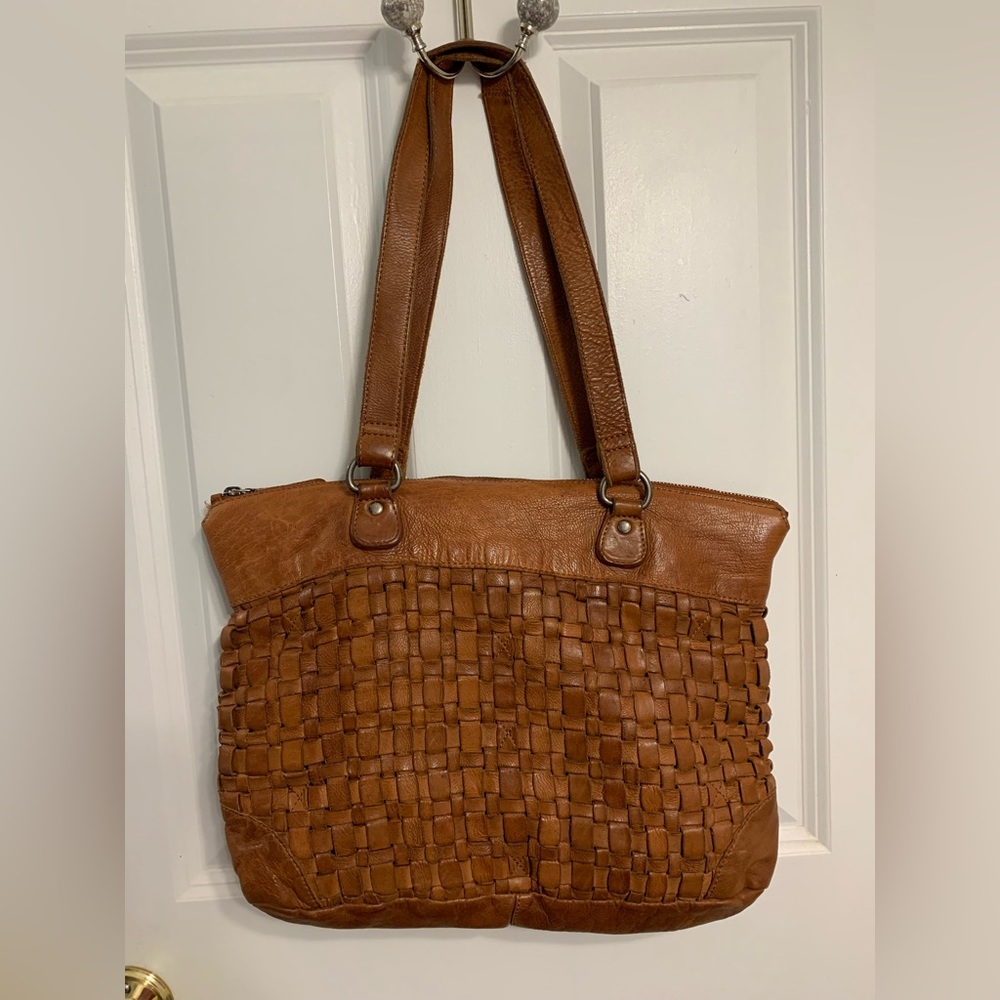 Vilenca Holland Womens Tote Brown Leather Woven Padded Tech Compartment